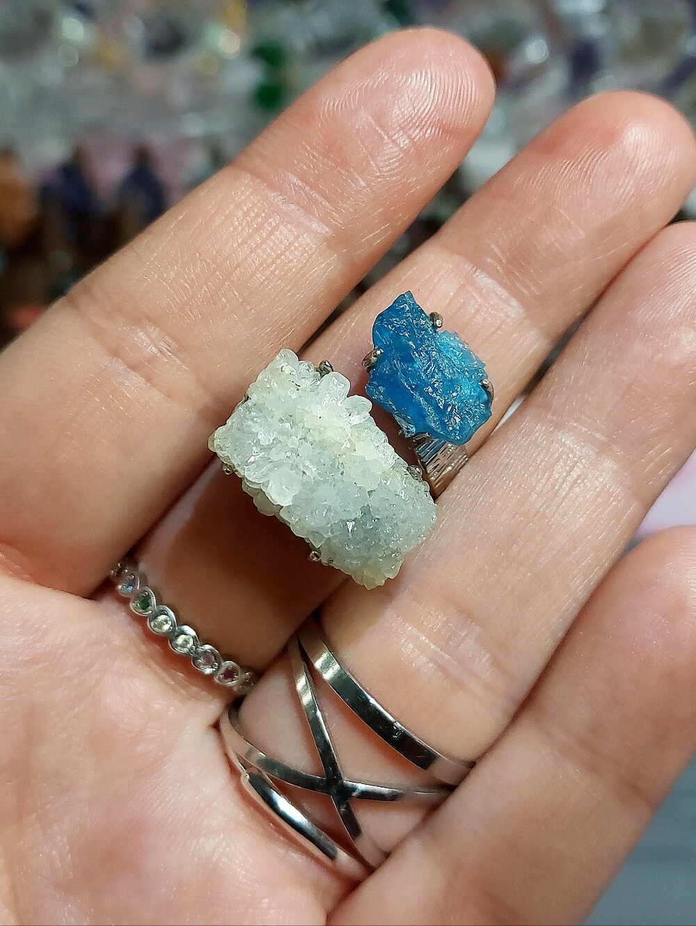 🪨⚒️ Duel Specimen Blue Solar Quartz Tectite & Raw Blue Apatite Copper Ring